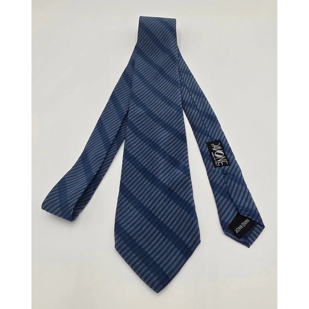 Pavone Blue Grey Striped Silk Necktie Hand Made in Italy Classic Business Tie